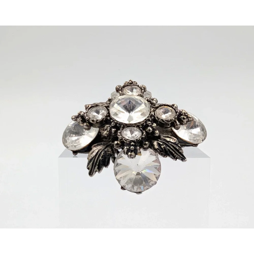 VTG Silver Tone Snowflake Leaf‎ Pendant Brooch Clear Rhinestone Flower Statement